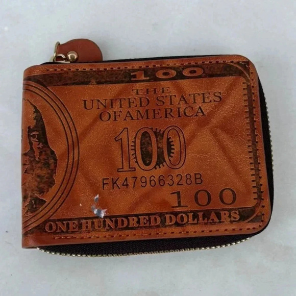 Vintage Mens 100 Dollar Bill Leather Bifold Wallet Brown Size 5"x3.5" - Picture 1 of 10
